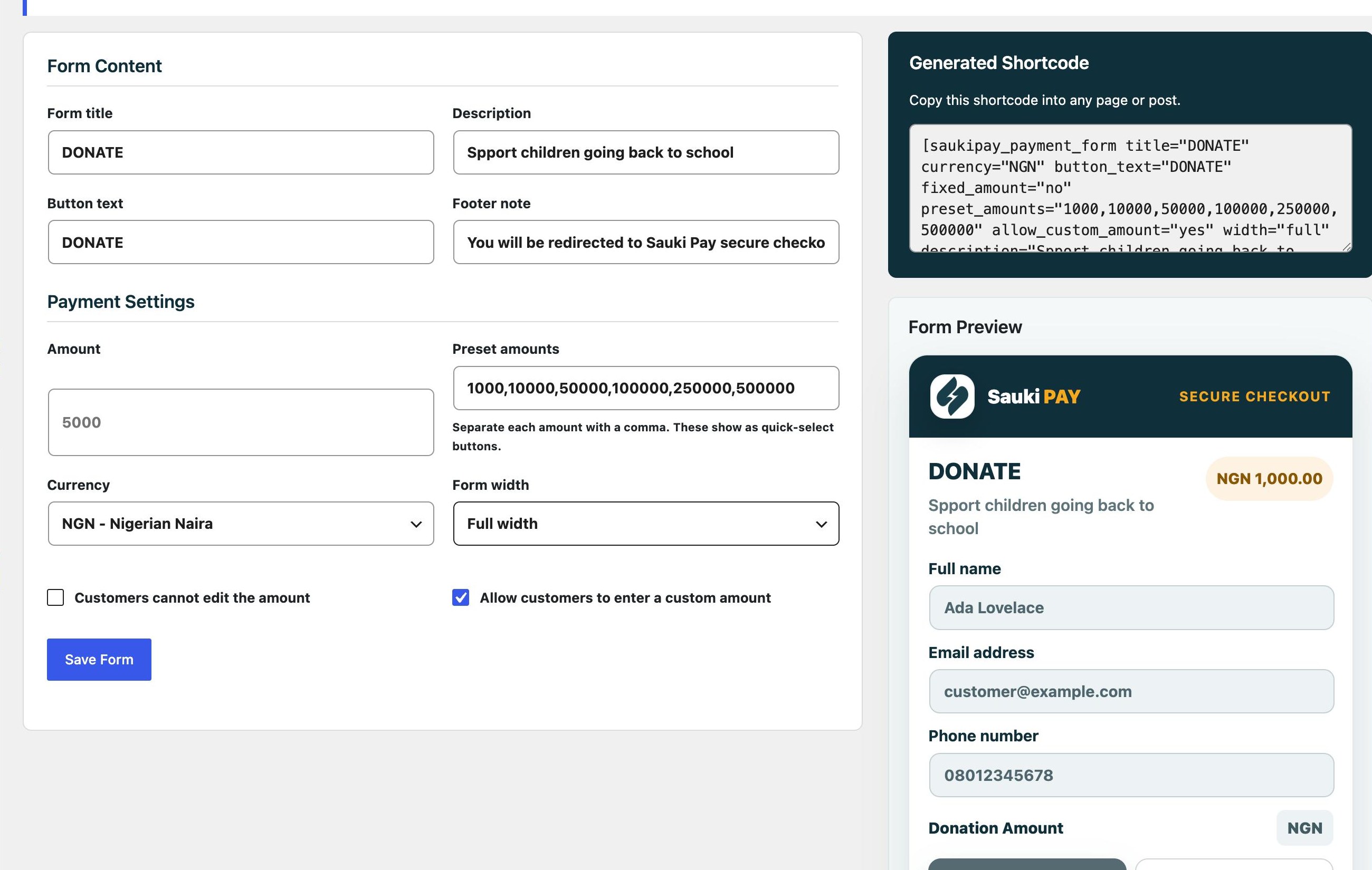Sauki Pay payment form builder with shortcode and preview