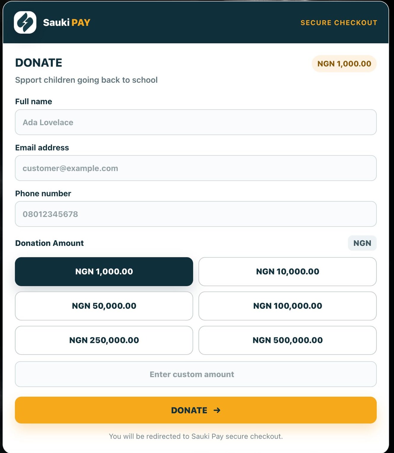 Standalone Sauki Pay payment form with preset donation amounts