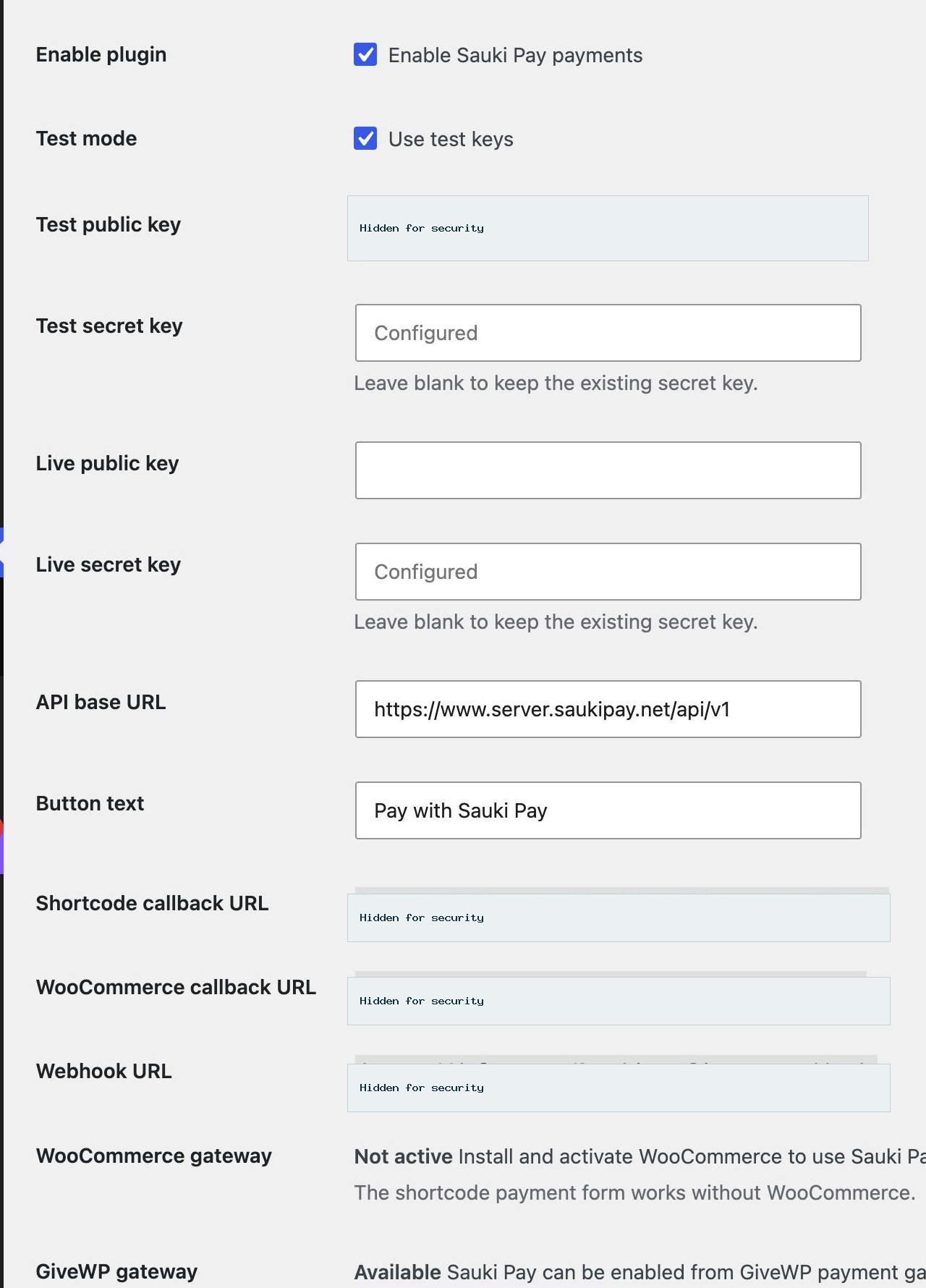 Sauki Pay settings page with keys and callback URLs hidden